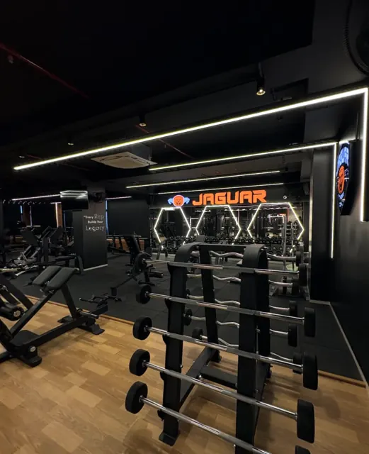 Barbell rack and benches in the free-weight area