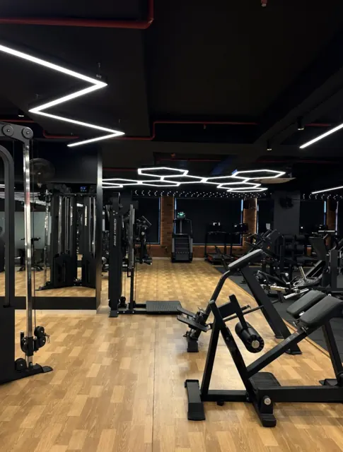 Cable machine and strength equipment under hexagon lights
